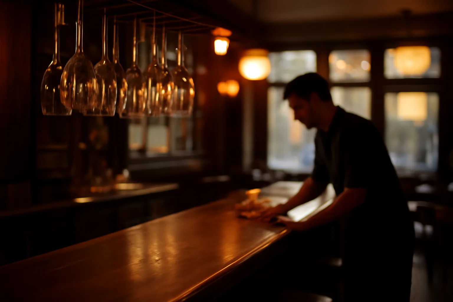 Bartender wiping down counter near wine glasses in empty restaurant bar