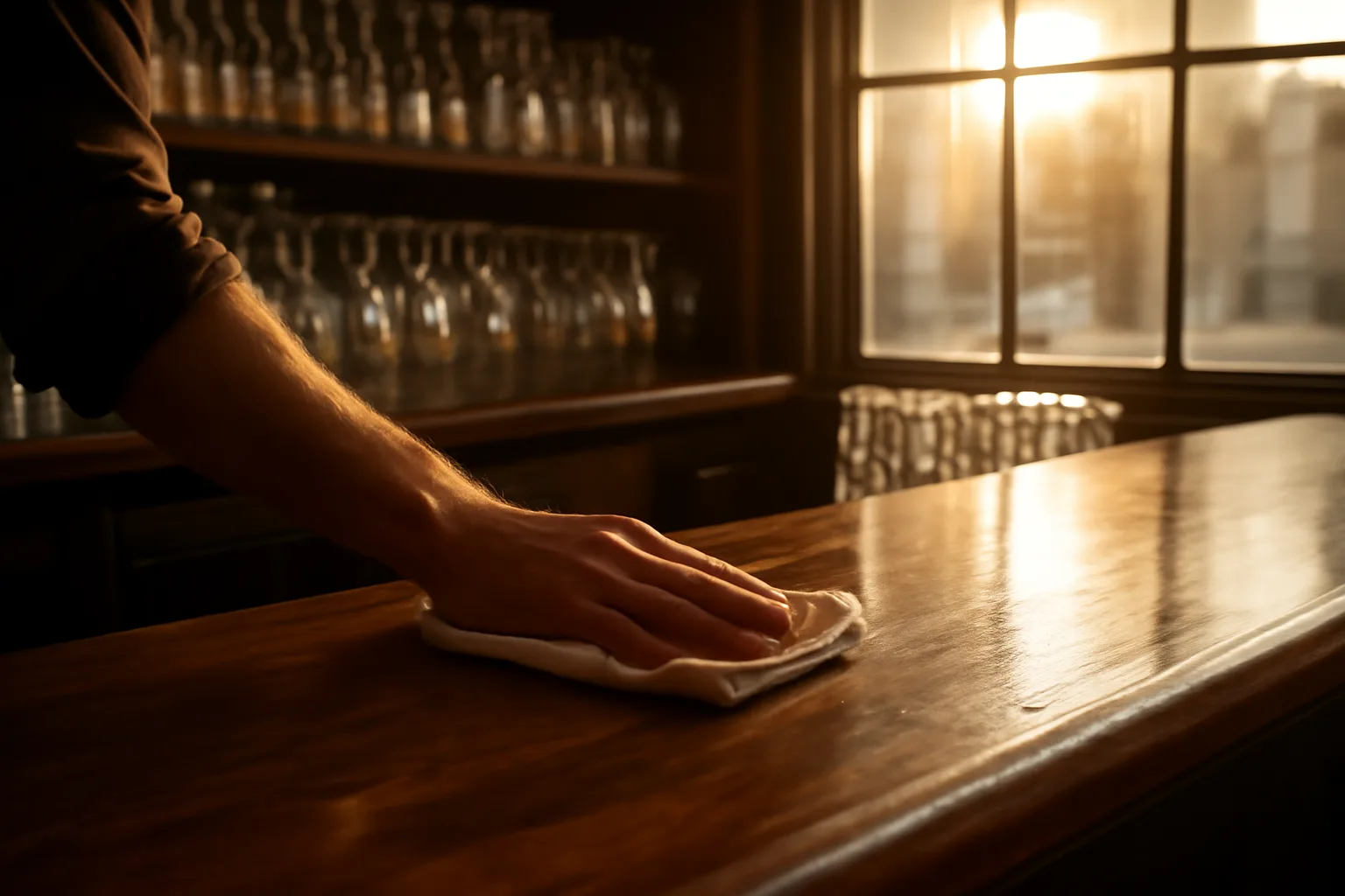Bartender preparing an empty bar before opening, illustrating liquor license requirements