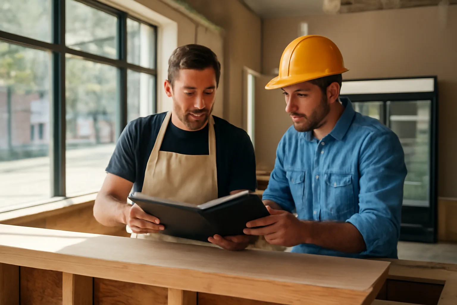 Restaurant owner reviewing licensing paperwork at an under-construction bar counter