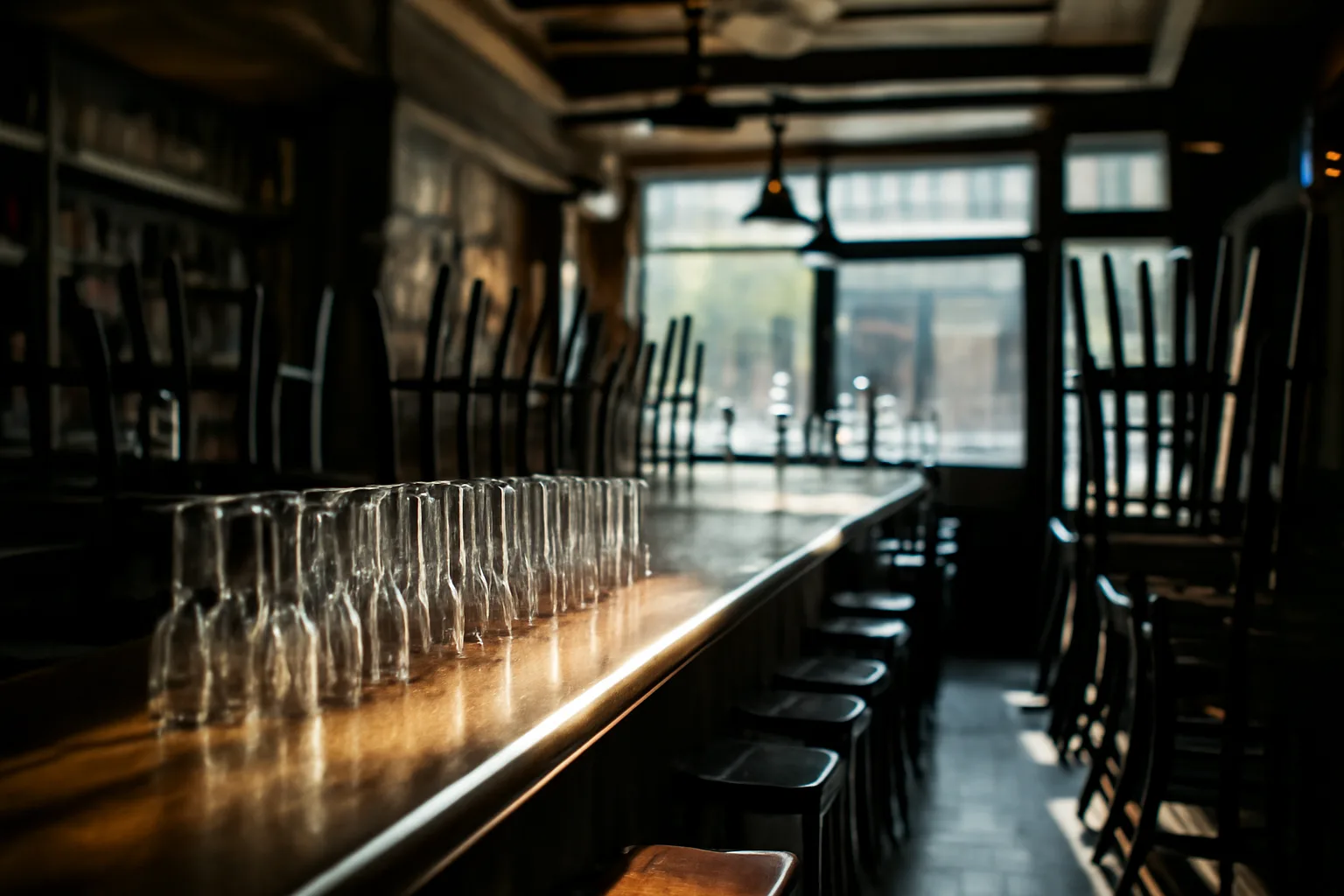 Empty restaurant bar interior in morning light before opening for the day