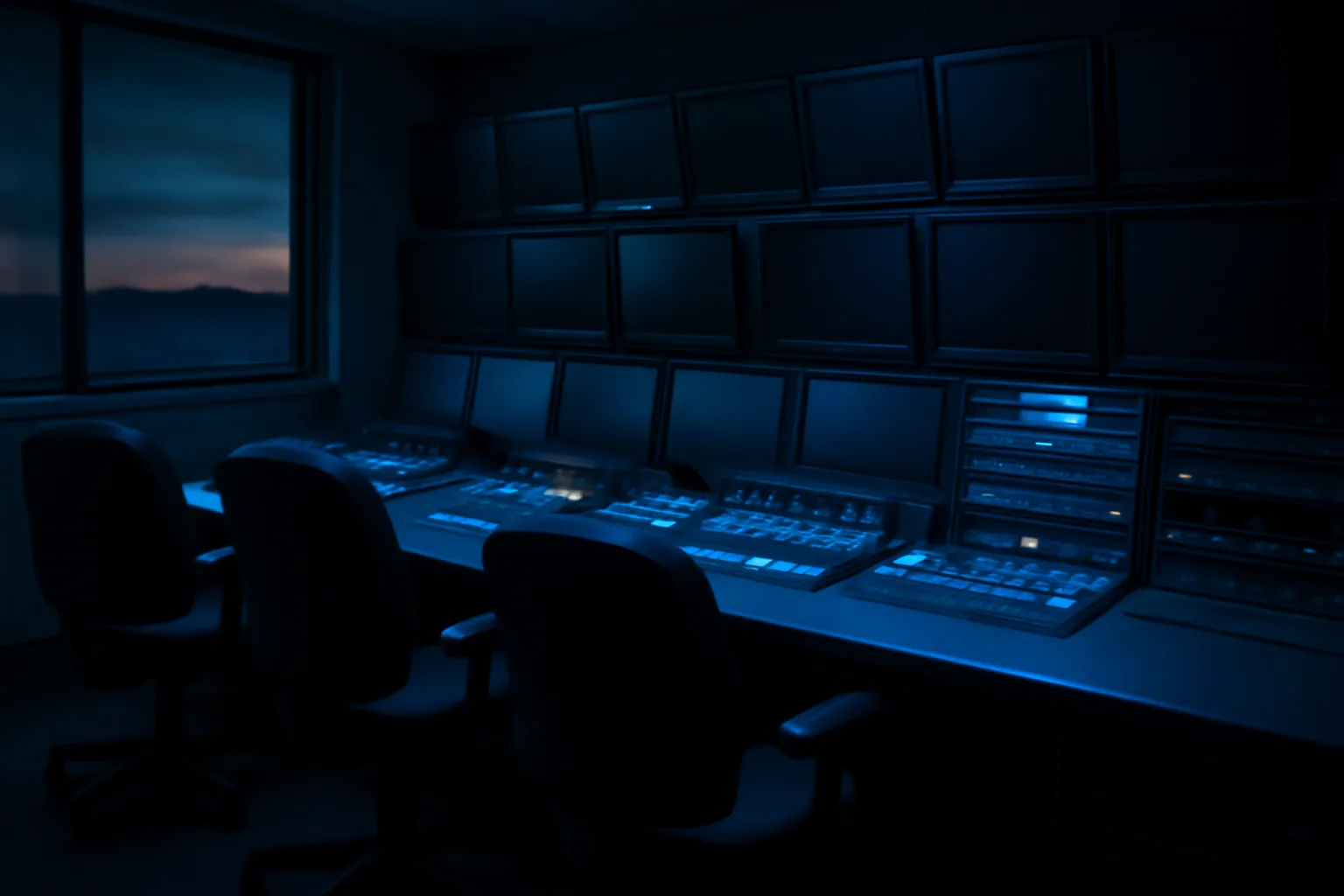 Empty broadcast control room at dusk, relevant to FCC revokes ABC News license claims