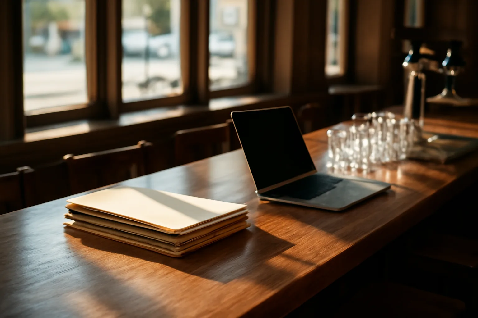 Empty restaurant bar with paperwork and laptop during liquor license application process