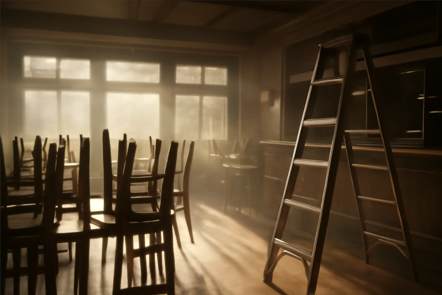 Empty restaurant dining room at sunrise before opening, chairs stacked, bar area unfinished
