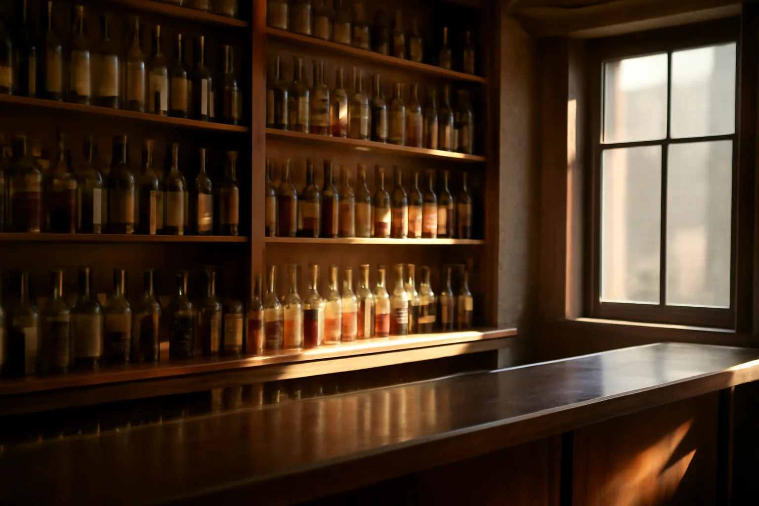 Bar shelves with liquor bottles lit by morning sunlight before opening hours