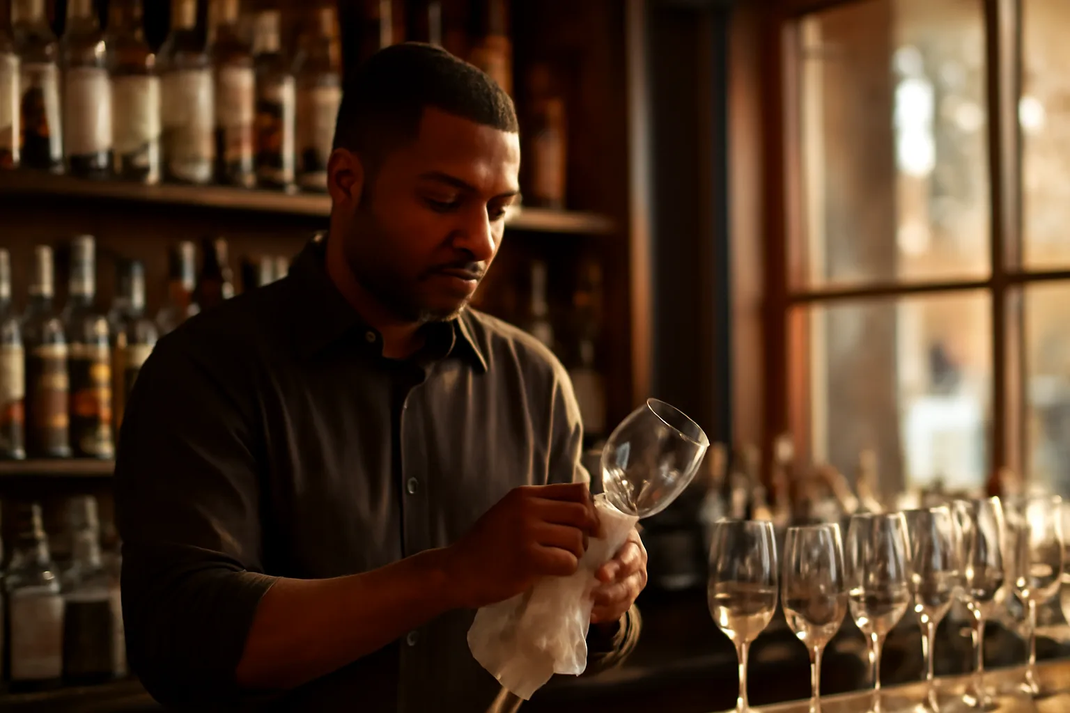 Bartender polishing glassware behind a bar counter lined with liquor bottles