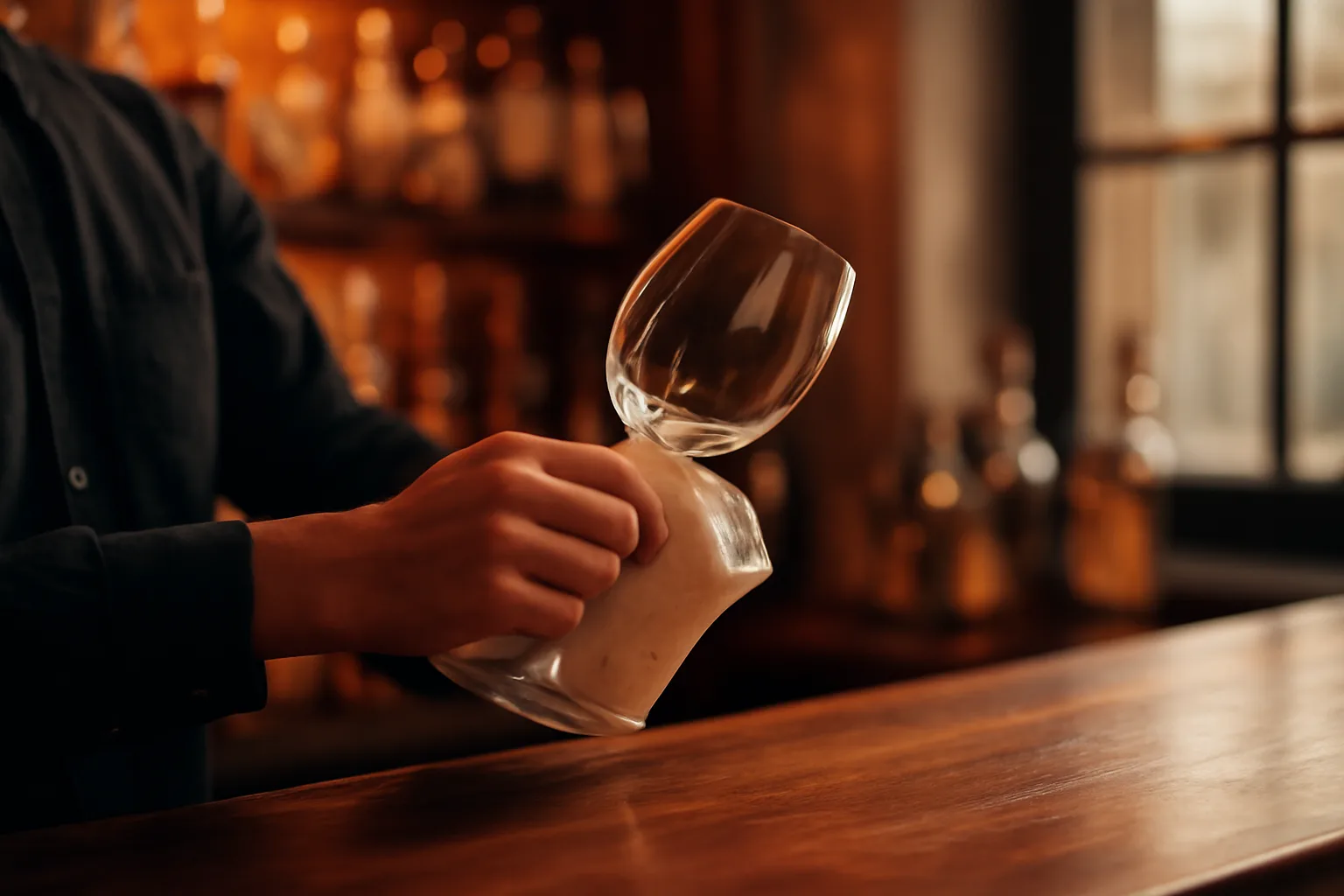 Bartender polishing a glass at a warmly lit wooden bar counter