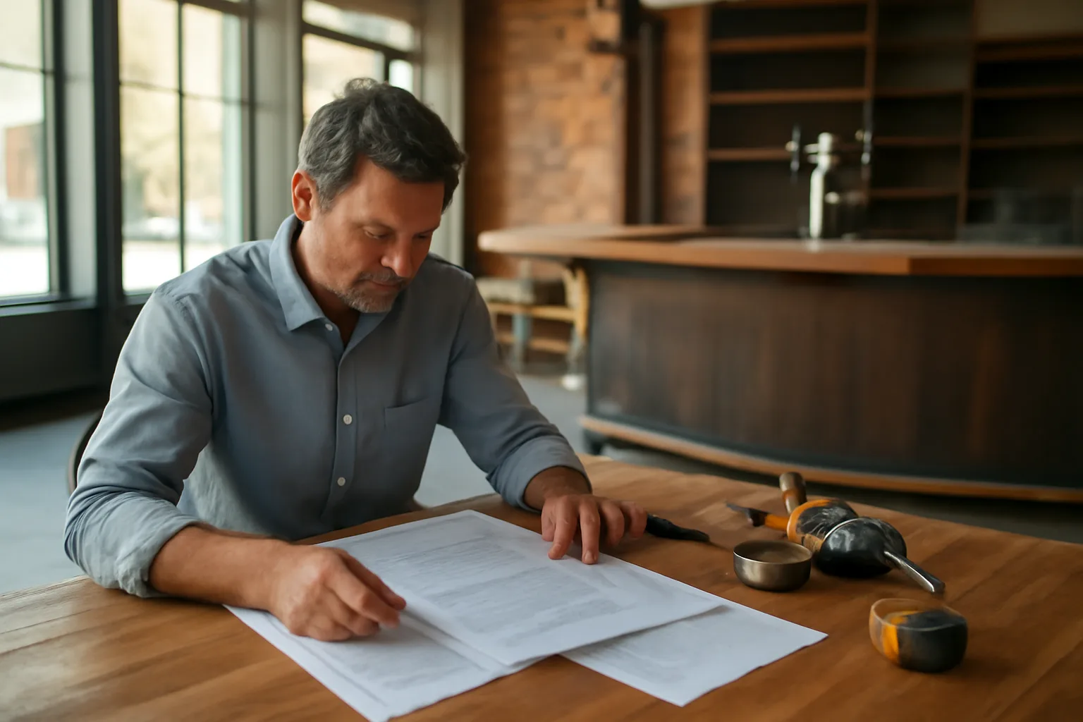 Restaurant owner reviewing lease documents near an unfinished bar counter during buildout