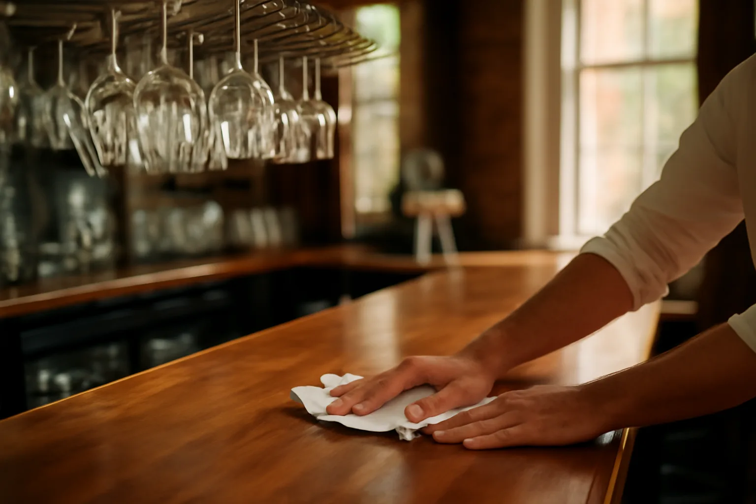 Bartender wiping down an empty restaurant bar counter in soft daylight