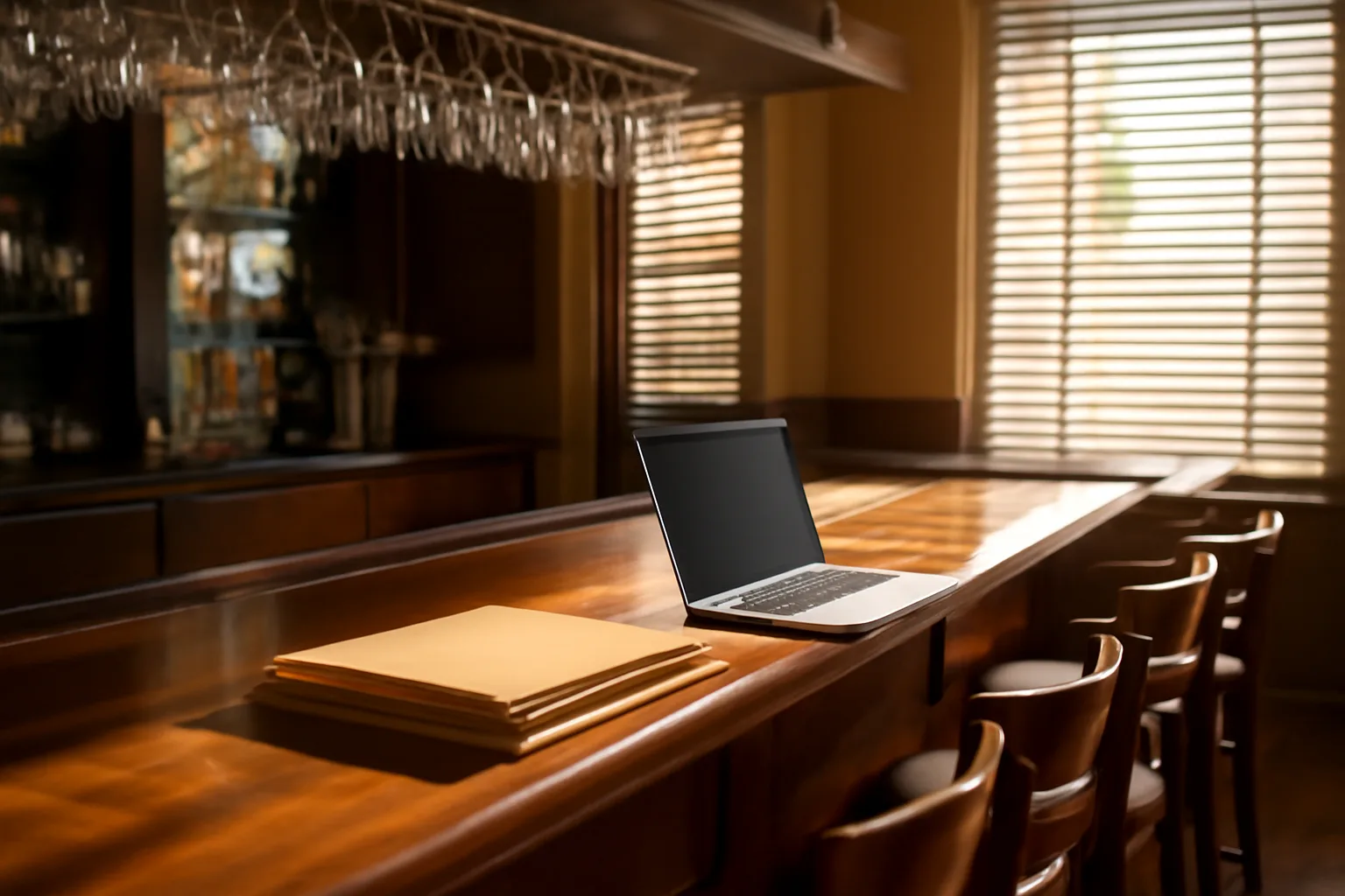 Empty Florida restaurant bar counter with folders and laptop before opening hours