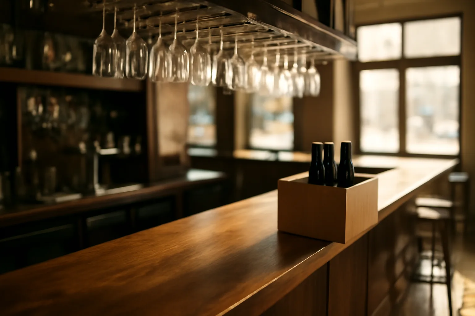 Empty restaurant bar counter with light streaming in, representing Georgia liquor license cost planning