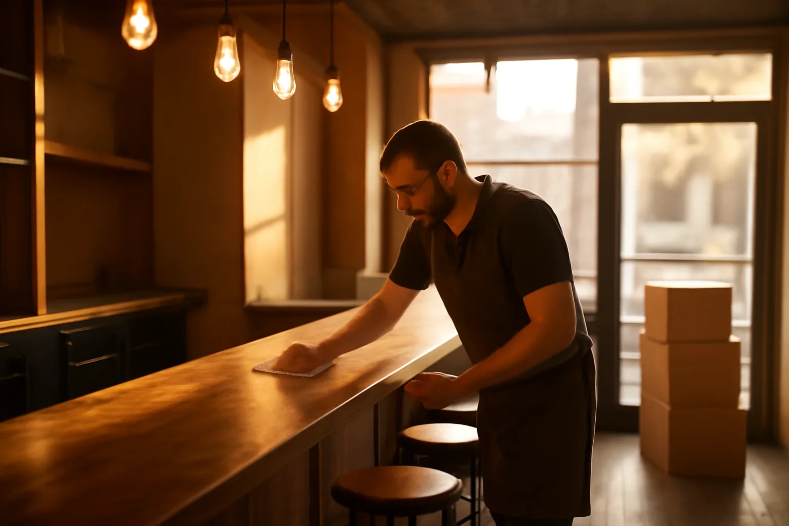 Bartender preparing a small independent bar during buildout before opening, Georgia storefront light