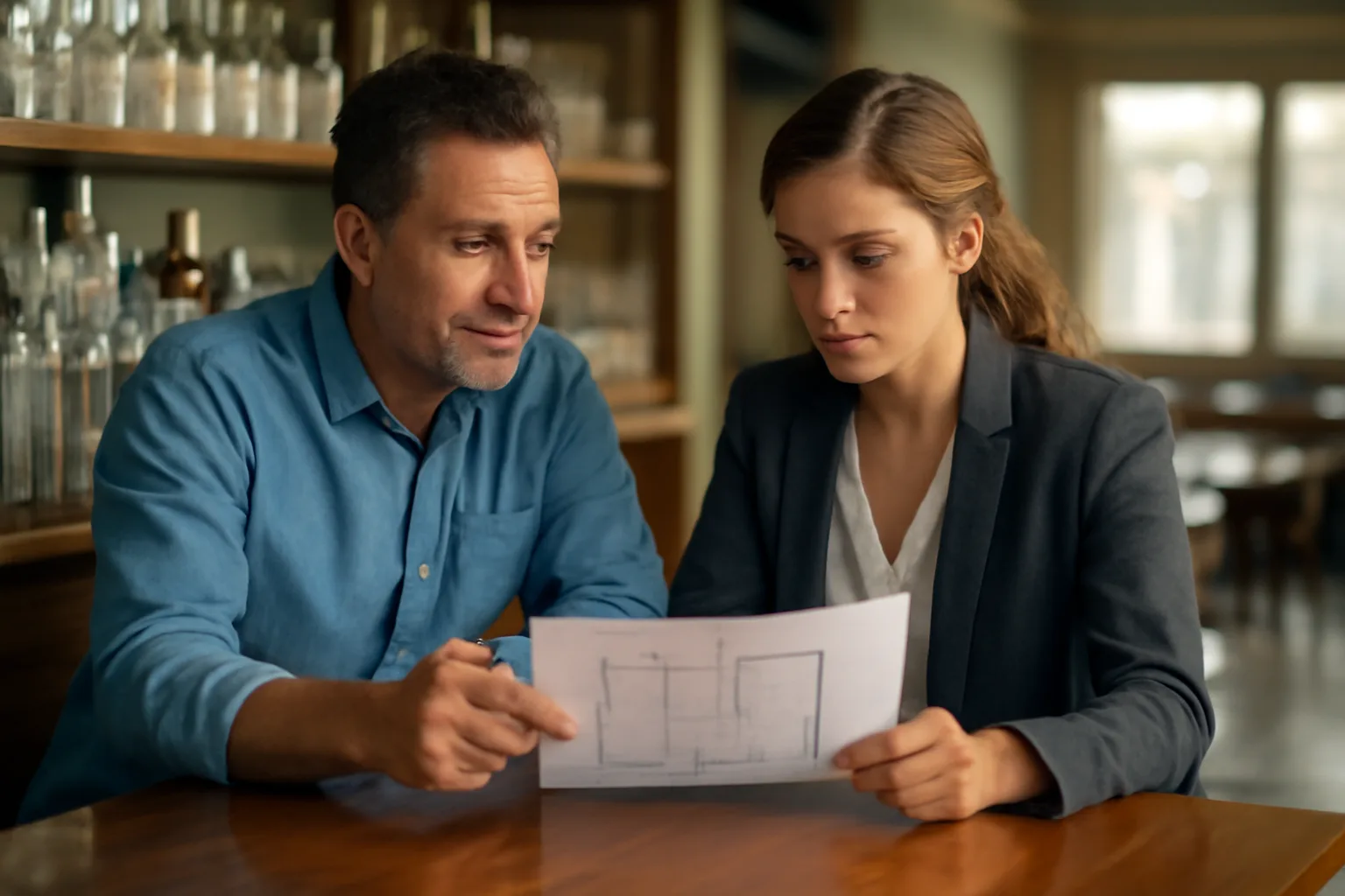 Restaurant owner and inspector reviewing a bar floor plan during a liquor license premises check