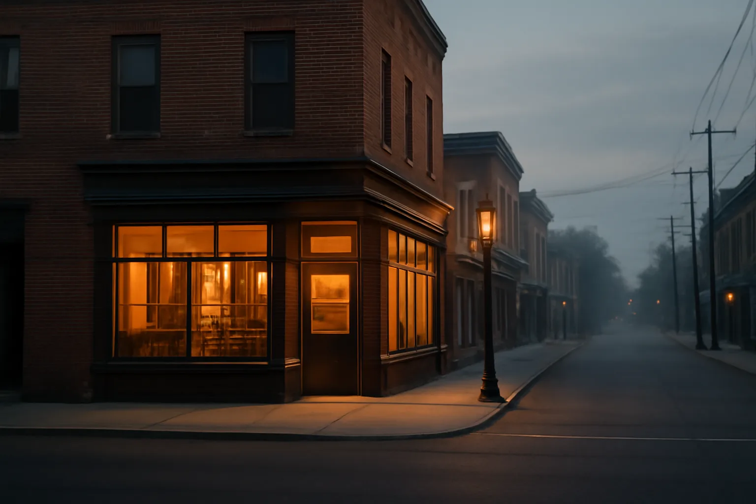 Small brick restaurant storefront on a quiet borough street at dusk in New Jersey