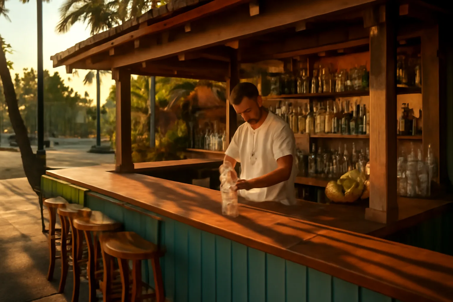 Bartender working at an open-air Hawaii restaurant bar at sunset