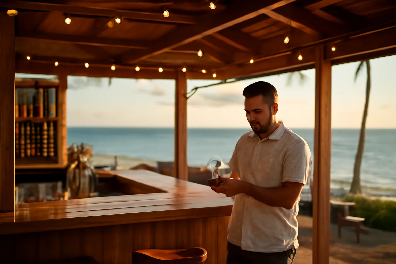 Bartender preparing a Hawaii restaurant bar counter at sunset near the ocean