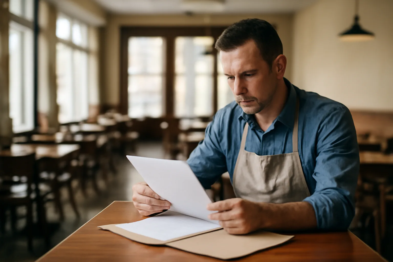 Restaurant owner reviewing lease documents at bar top before liquor license application