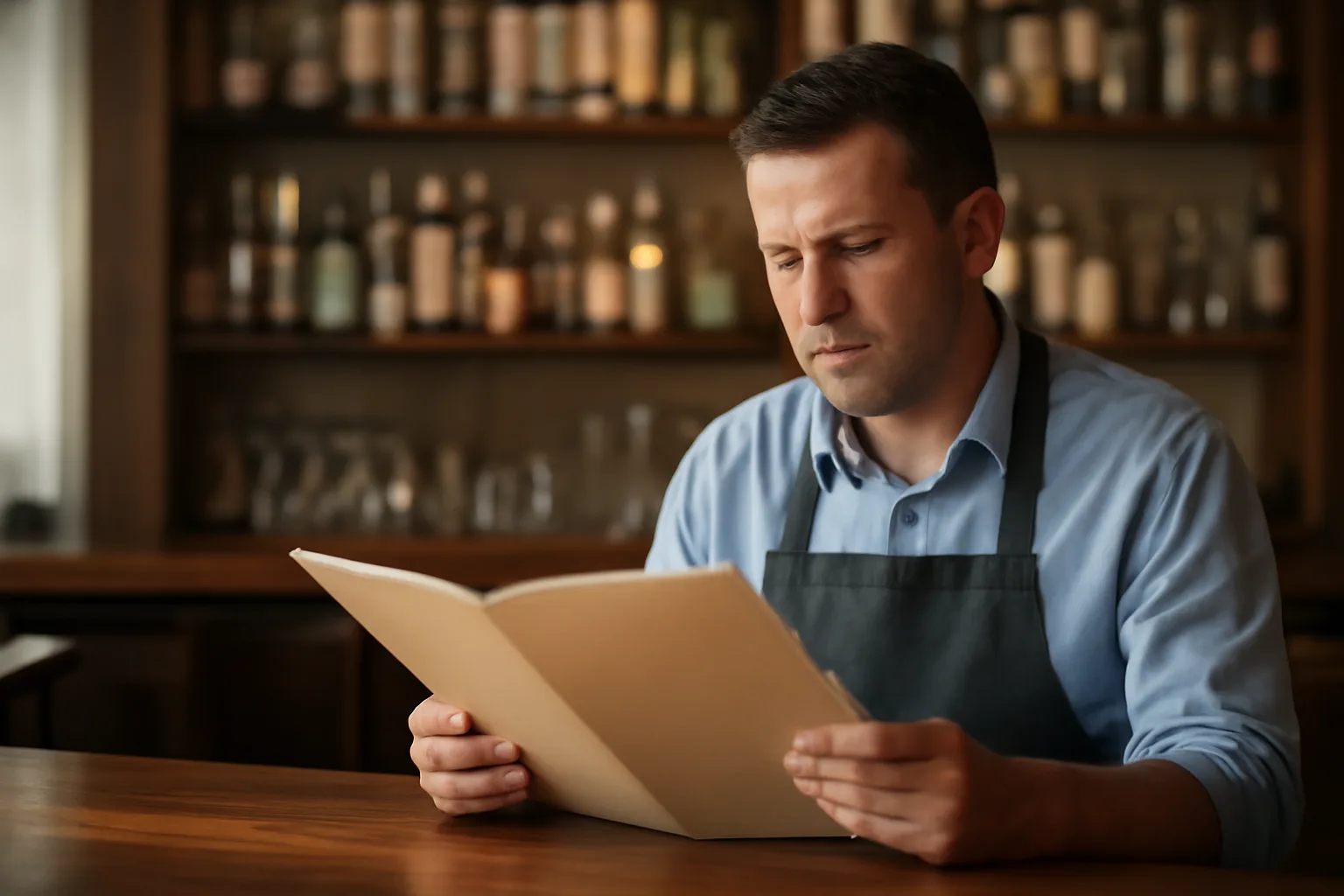 Restaurant owner reviewing liquor license paperwork at an empty bar counter