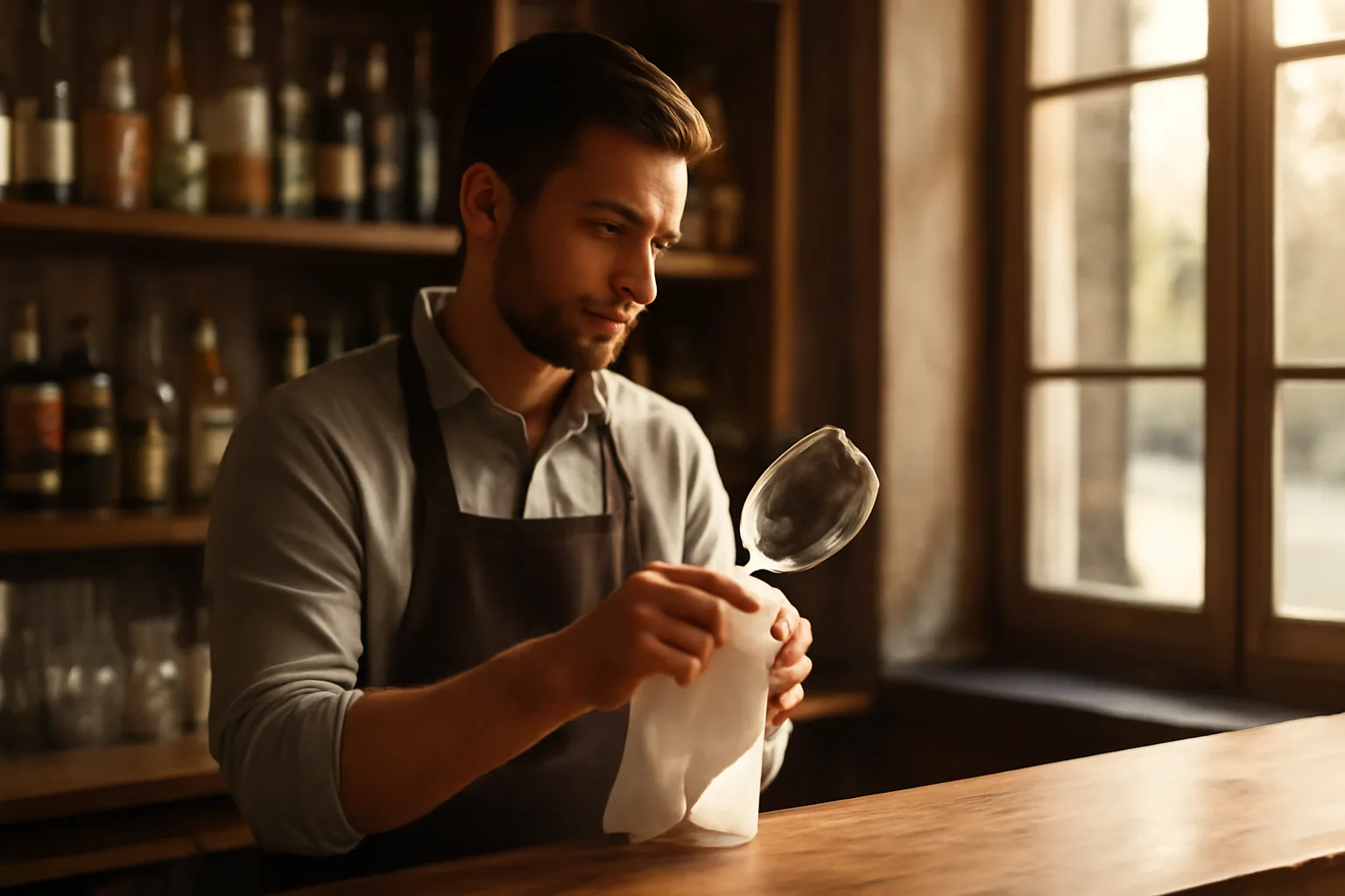 Bartender polishing a glass at a wooden bar during golden hour light