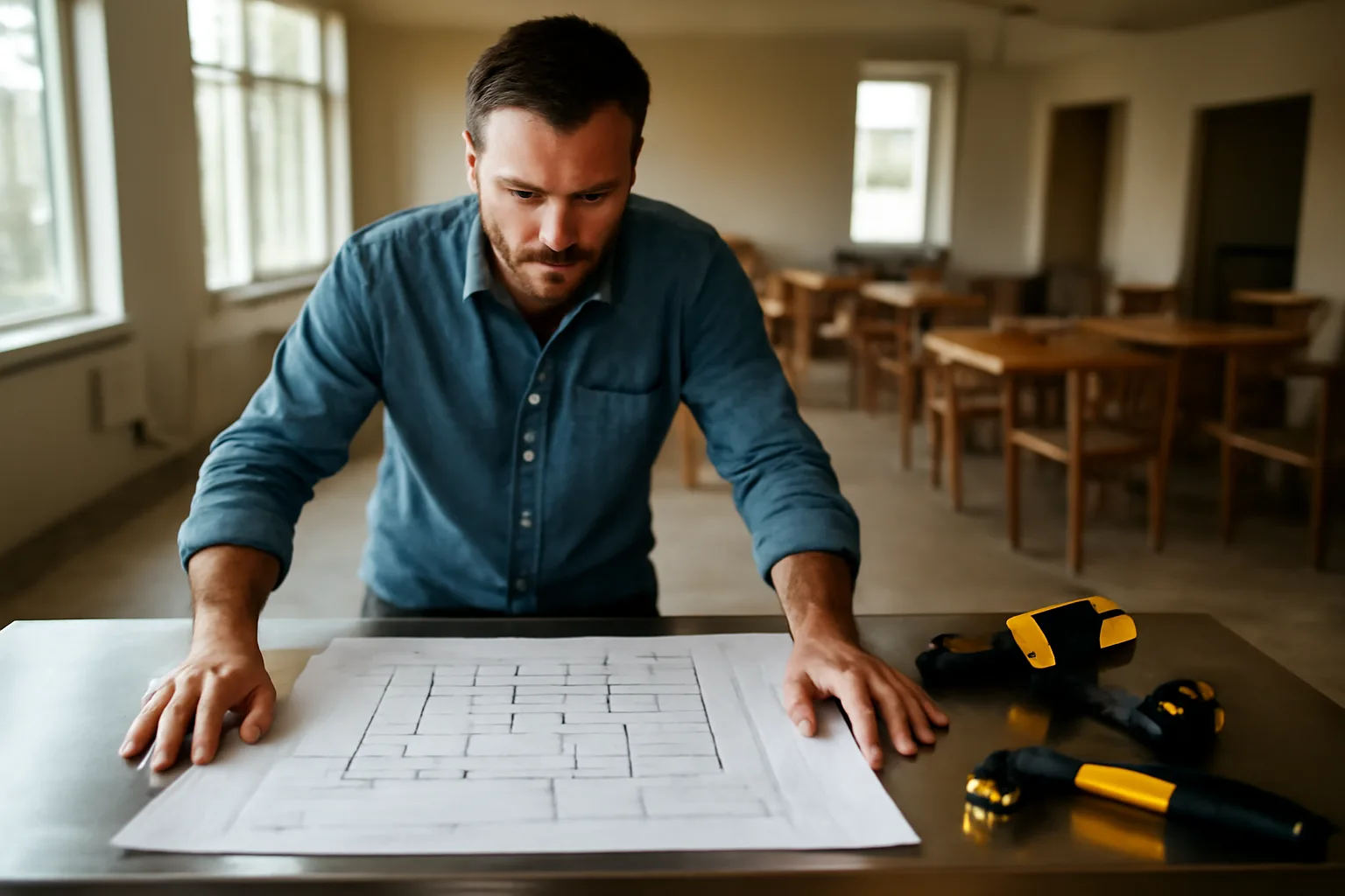 Restaurant owner reviewing floor plan documents in an empty dining room before opening