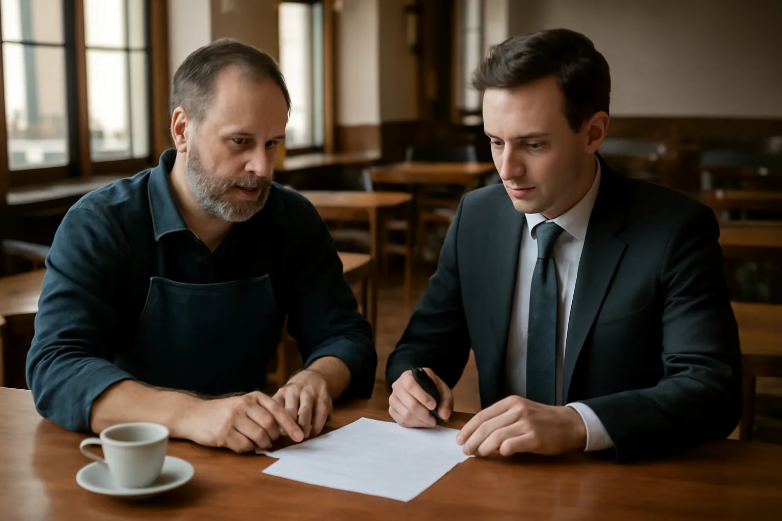 Restaurant owner and advisor discussing liquor license paperwork at an empty bar
