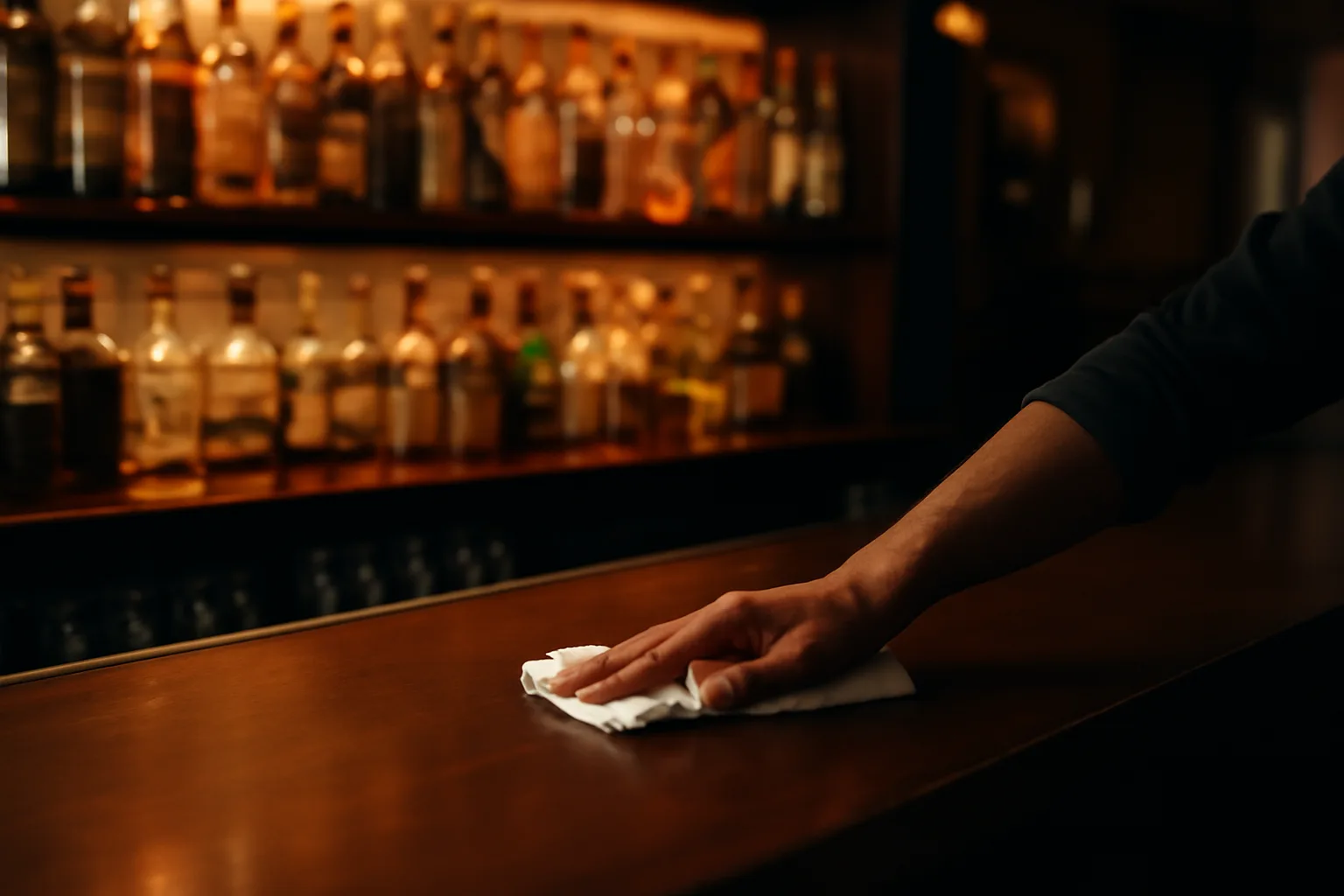 Bartender wiping down a lit bar counter lined with liquor bottles at closing