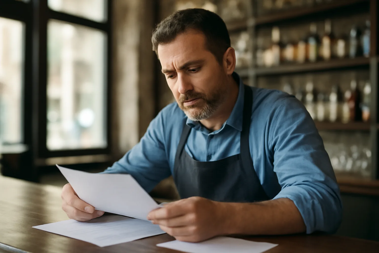 Restaurant owner reviewing liquor license paperwork at a bar counter