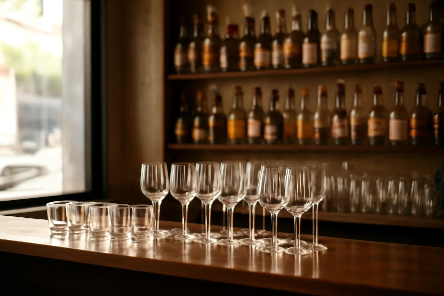 Restaurant bar counter with bottles and glassware, representing NC liquor license planning