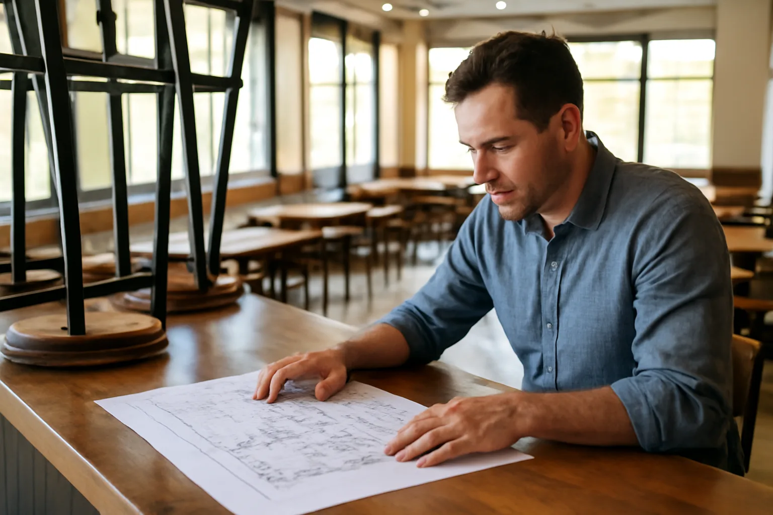 Restaurant owner reviewing floor plans at a bar counter before opening