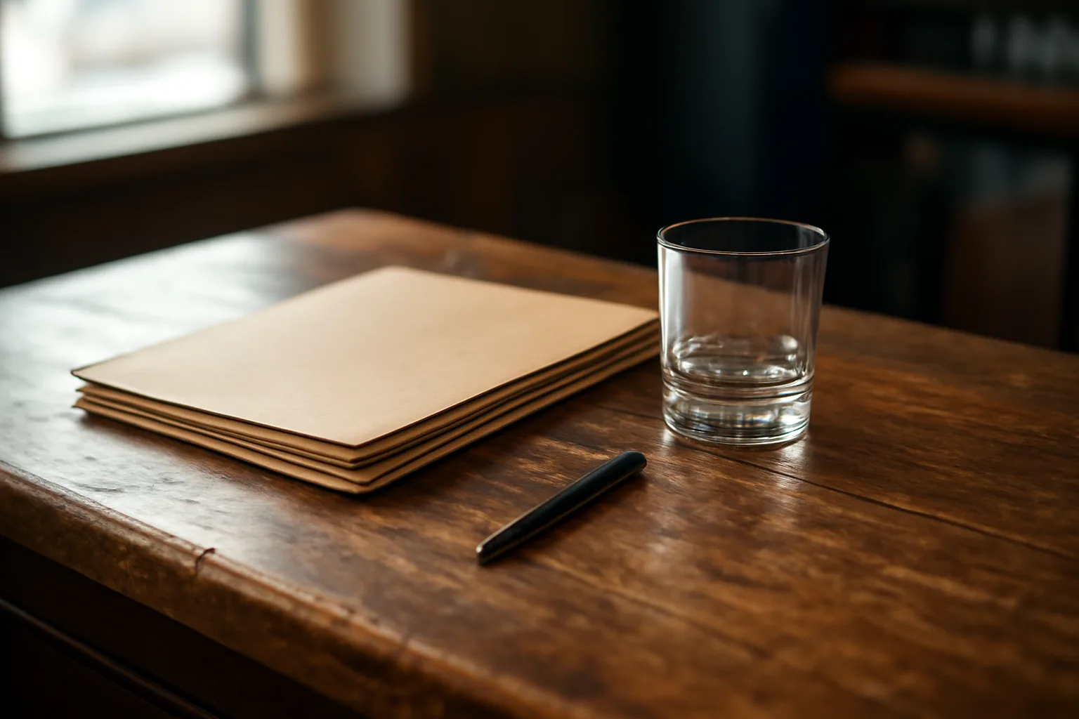 Wooden bar counter with folders and pen representing liquor license paperwork costs