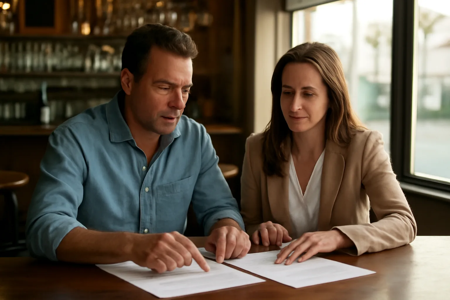 Restaurant owner reviewing Florida liquor license paperwork at a bar counter