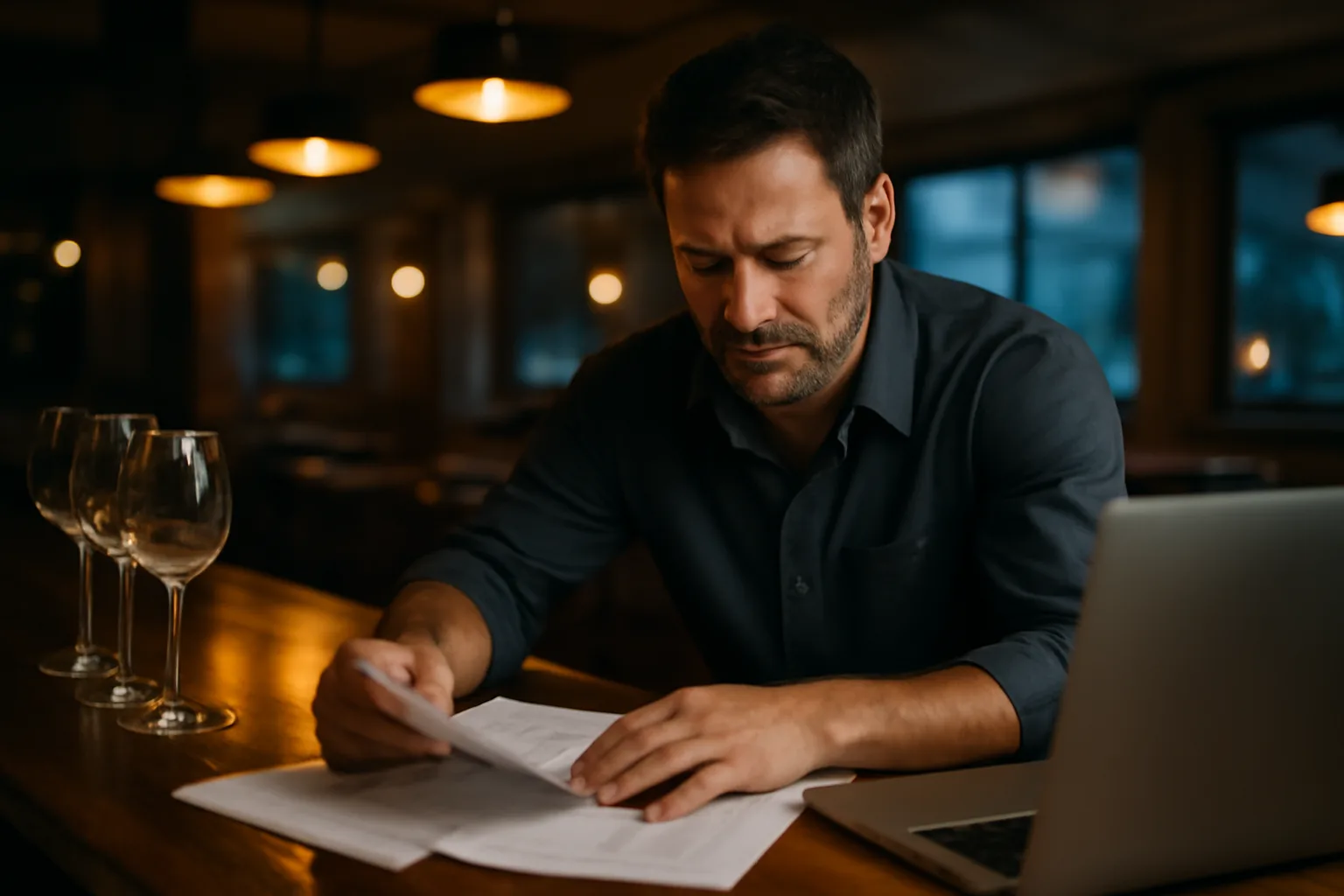 Restaurant owner reviewing documents at an empty bar while researching liquor license costs