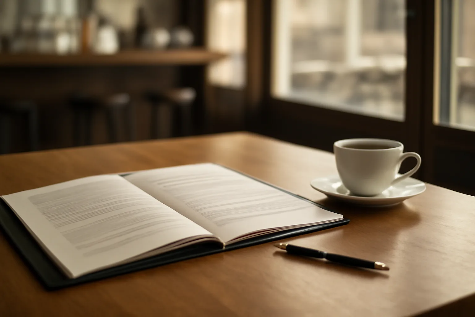 Desk with paperwork folder and pen for a liquor license application in a restaurant office