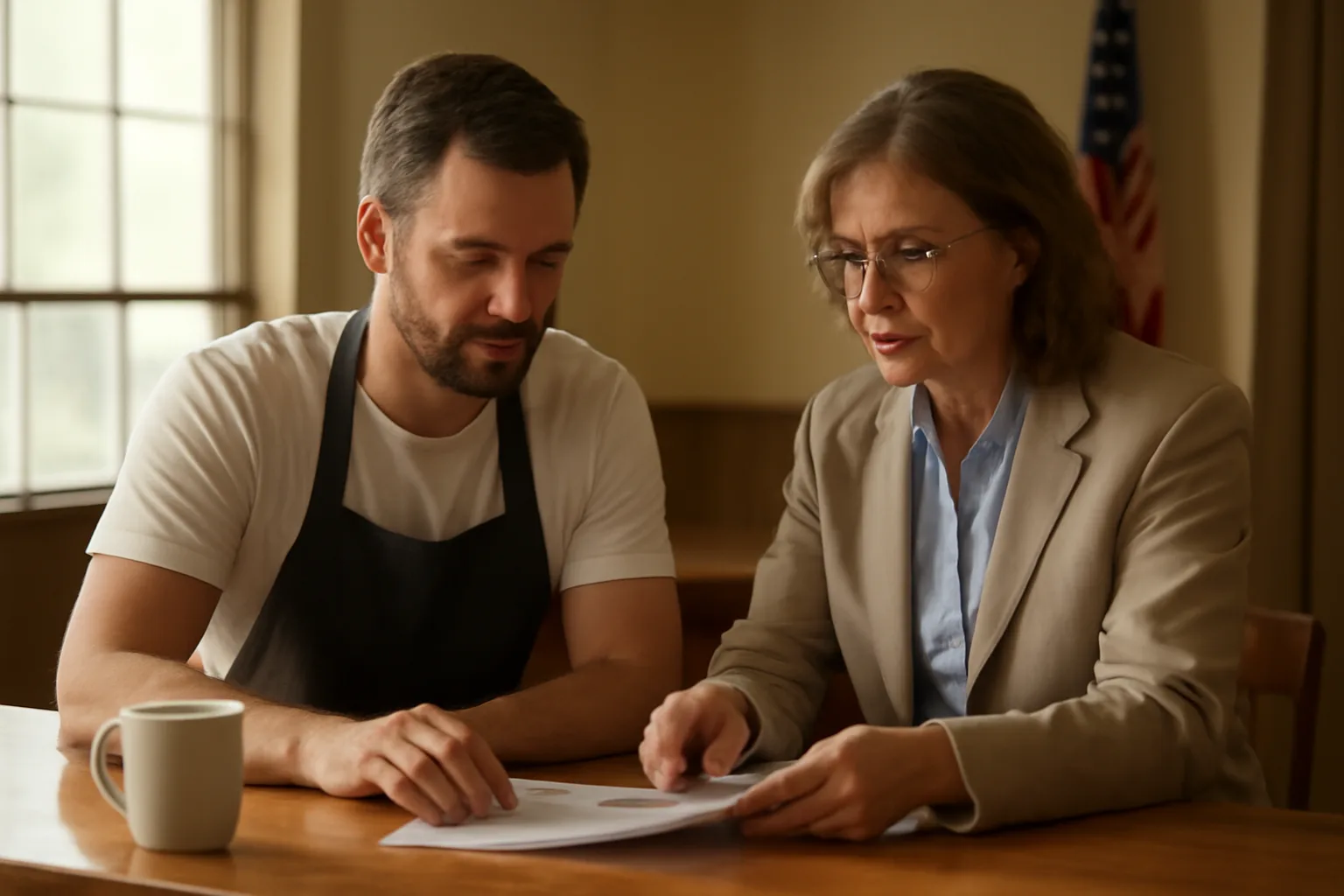 Restaurant owner meeting with a clerk to apply for a liquor license