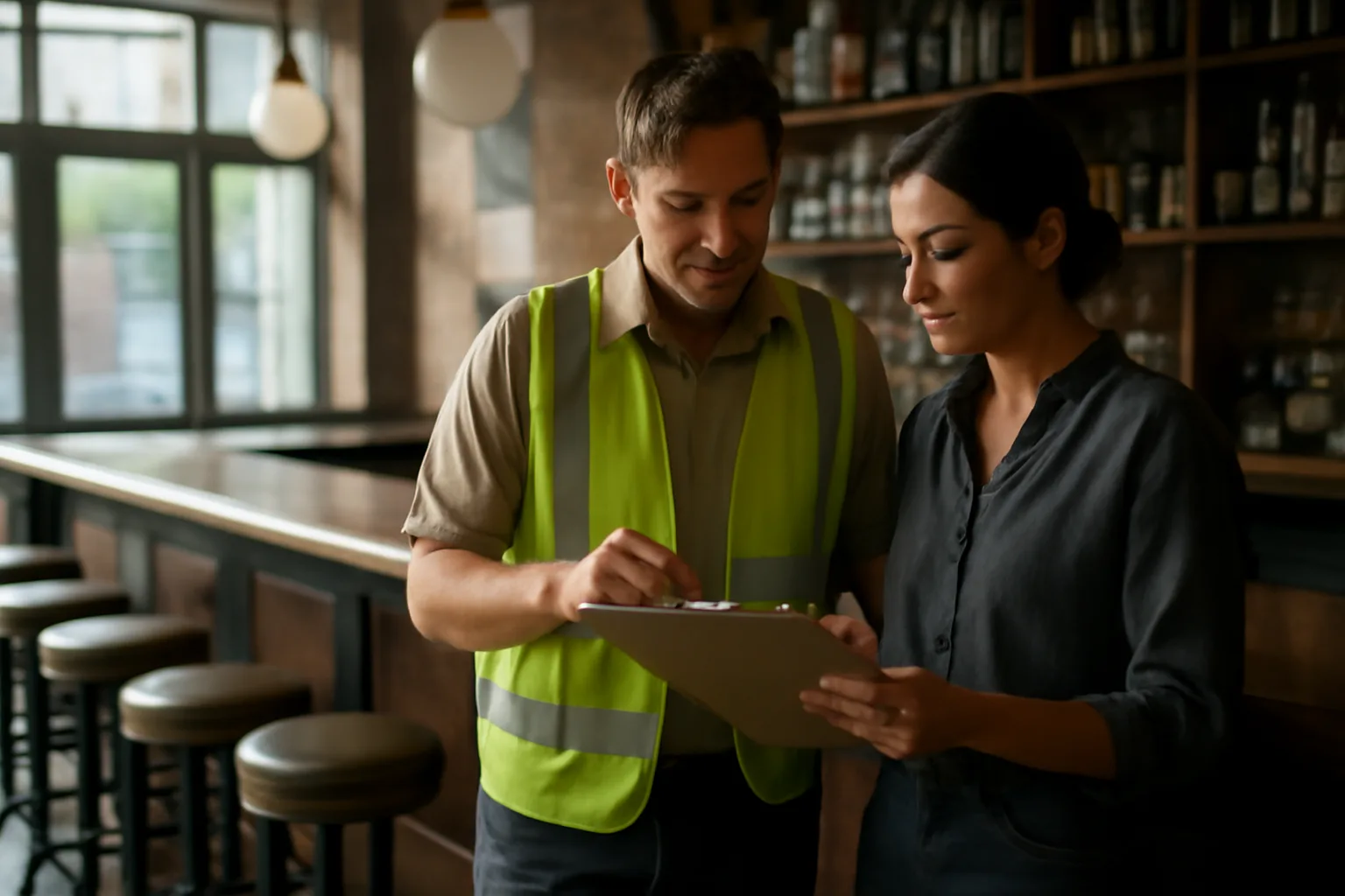 Restaurant owner and inspector reviewing paperwork at a bar counter in California