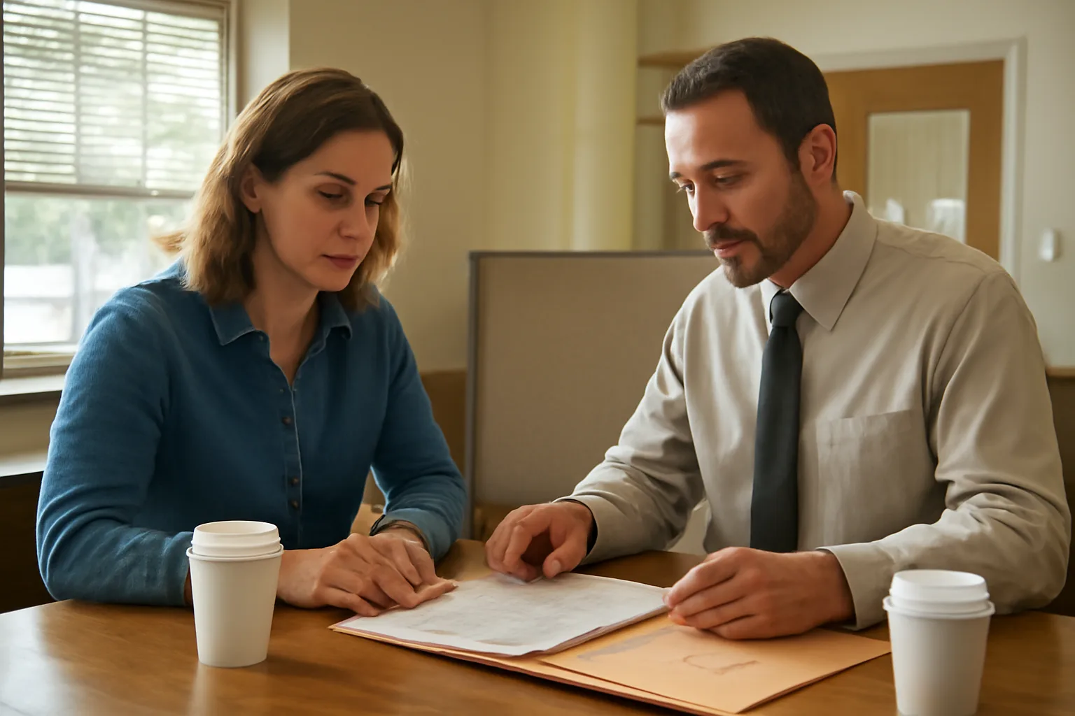 Restaurant owner discussing alcohol license paperwork with a clerk at a Florida licensing office