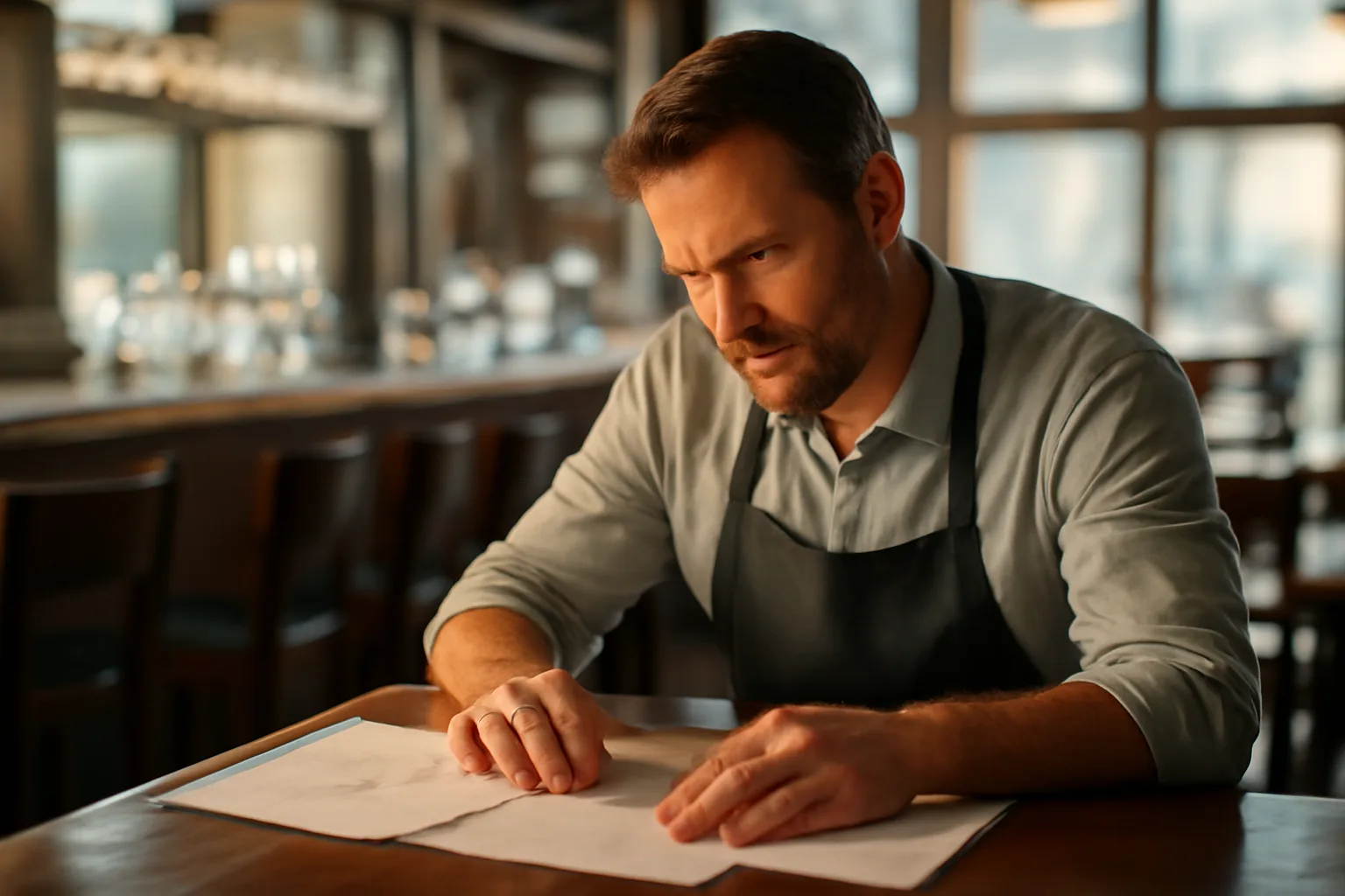 Restaurant owner reviewing alcohol license paperwork at an empty bar counter