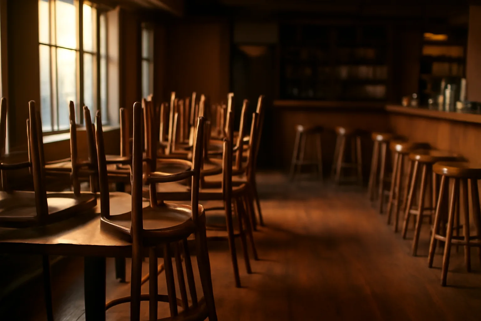 Empty restaurant dining room and bar in morning light before opening