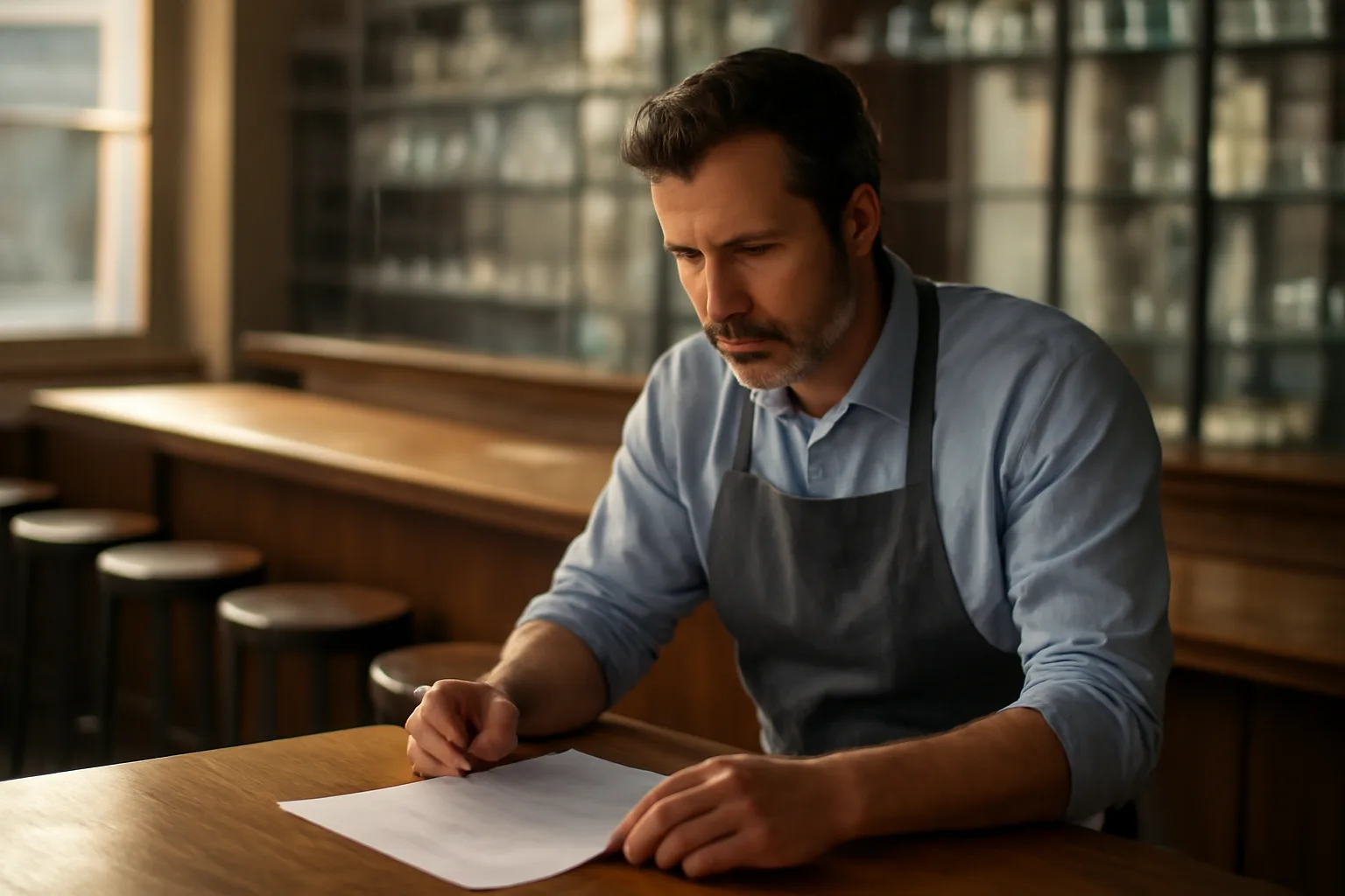 Restaurant owner reviewing documents at an empty bar before opening