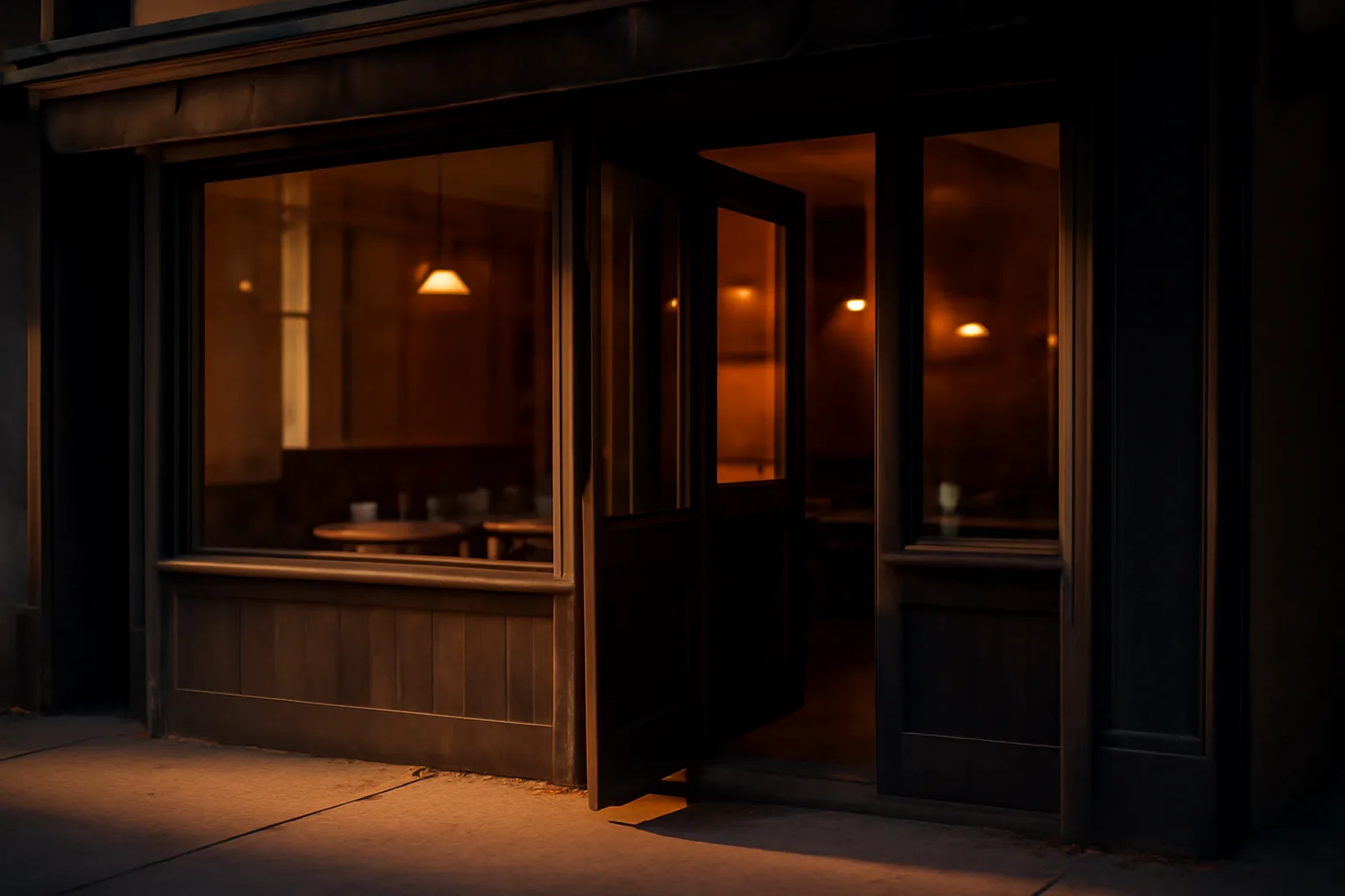 Restaurant entrance at dusk representing the process of opening with a new liquor license