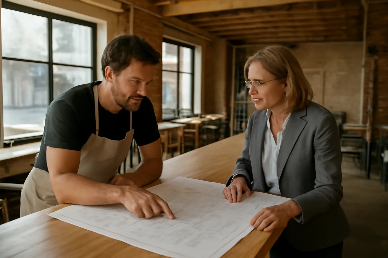 Restaurant owner reviewing floor plans with a clerk during Illinois liquor license application process