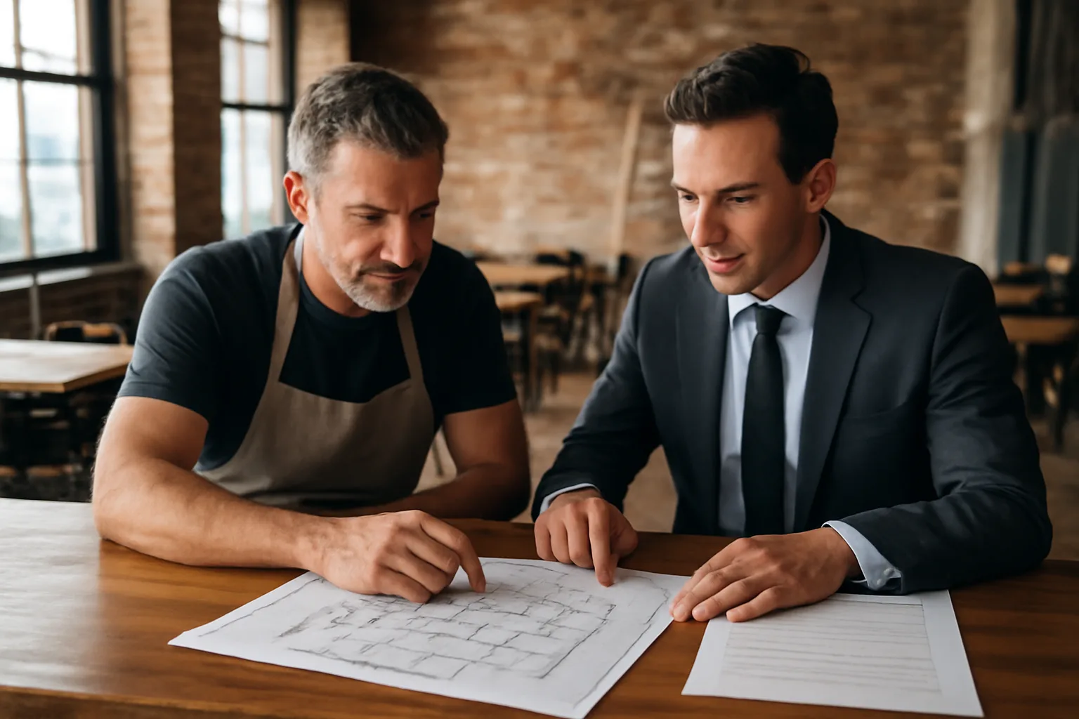 Restaurant owner reviewing lease and floor plan documents at a bar counter