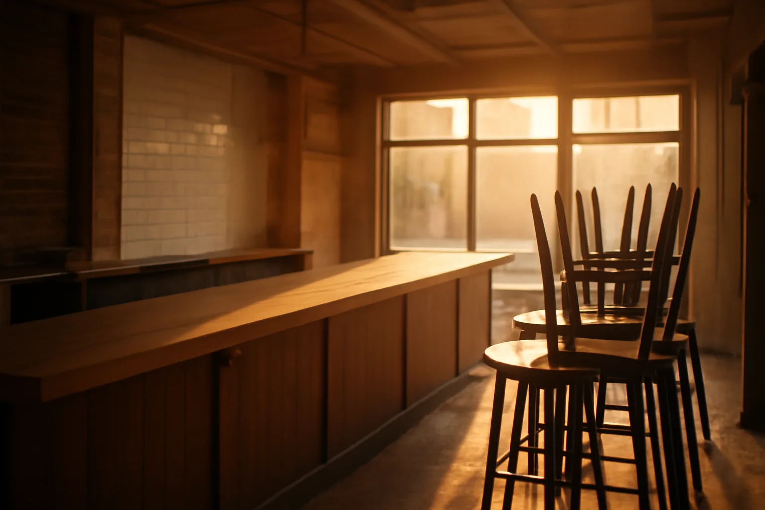 Empty restaurant bar counter during buildout, representing the wait for a liquor license