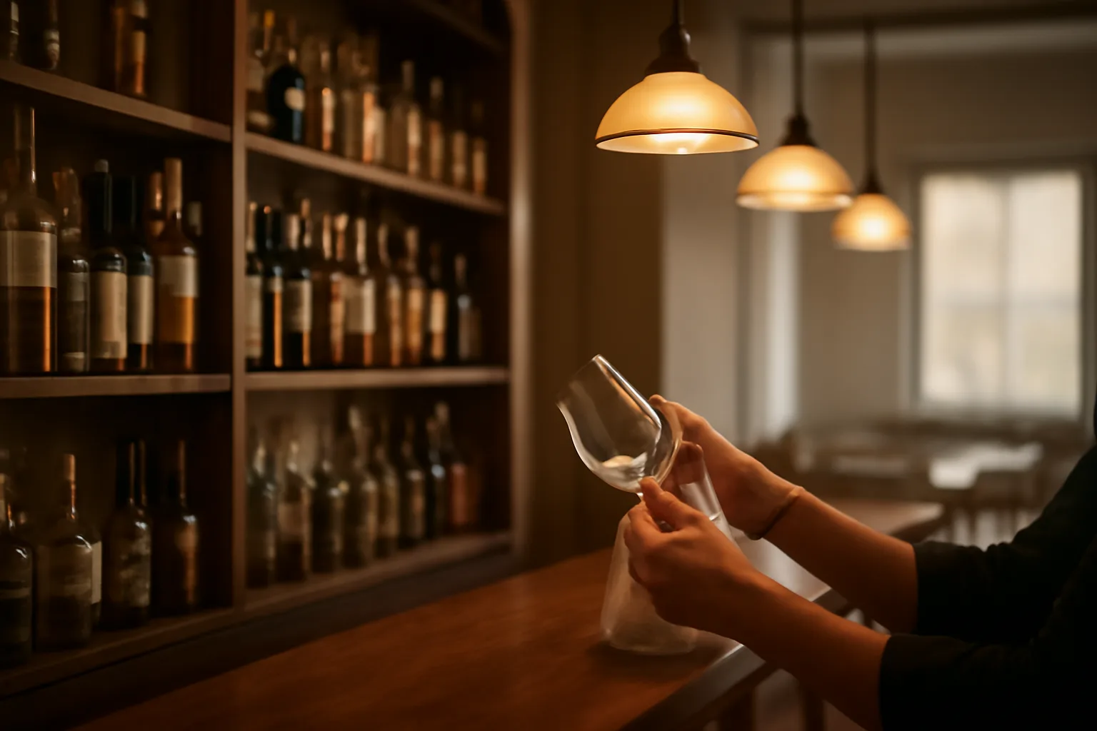 Bartender preparing a restaurant bar before opening while awaiting a liquor license in North Carolina