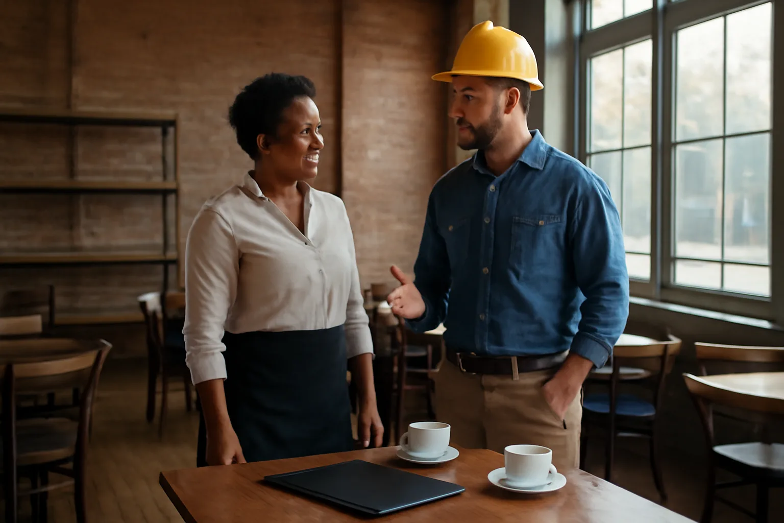 Restaurant owner reviewing plans in an empty bar before opening in Ohio