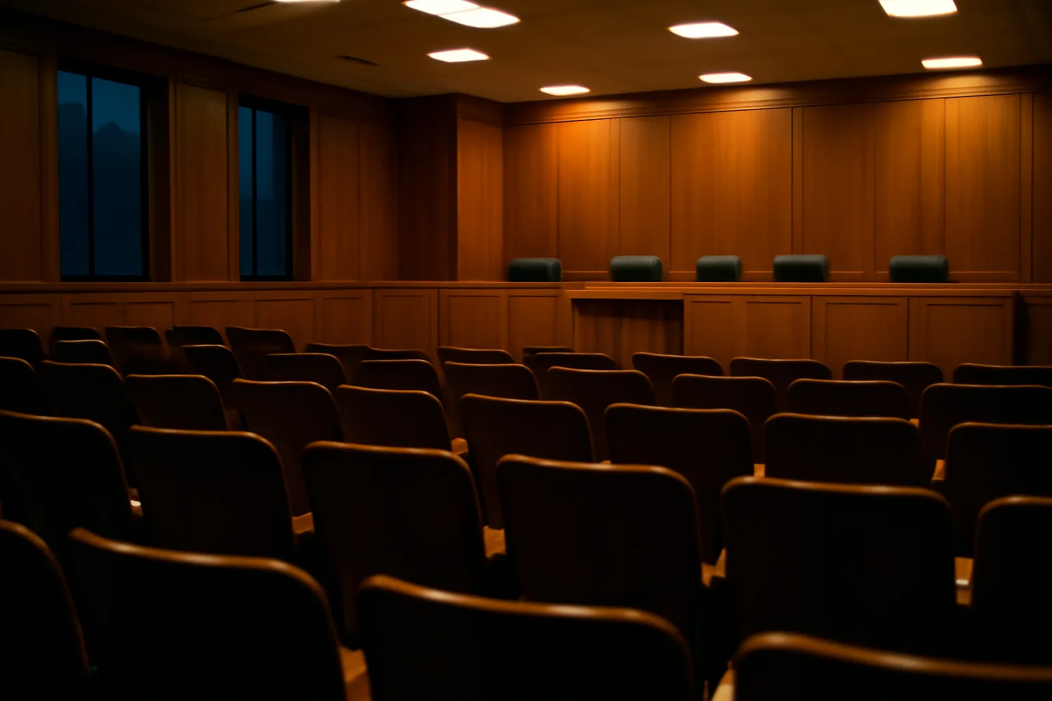 Empty county hearing room where liquor license applications are reviewed and approved
