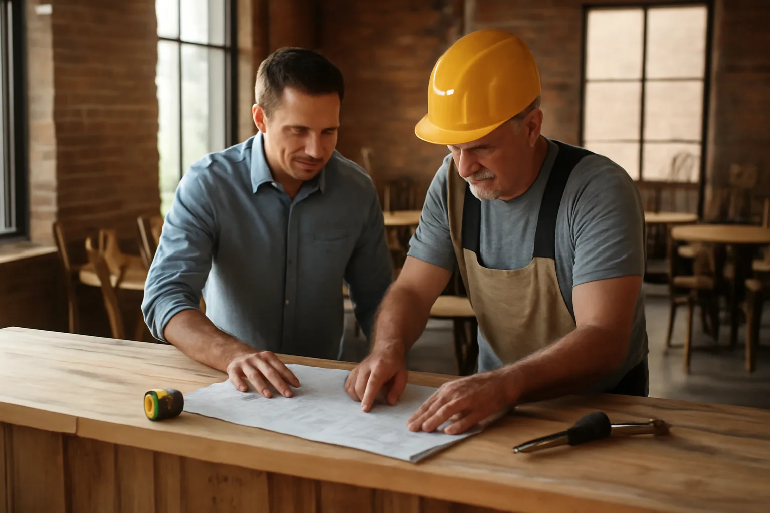 Restaurant owner reviewing floor plans at a bar counter during buildout in Texas