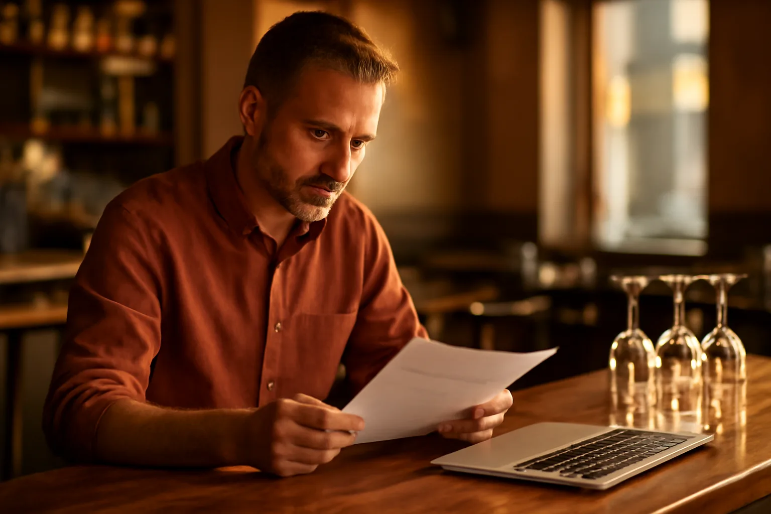 Restaurant owner reviewing documents at a bar counter while planning a liquor license application