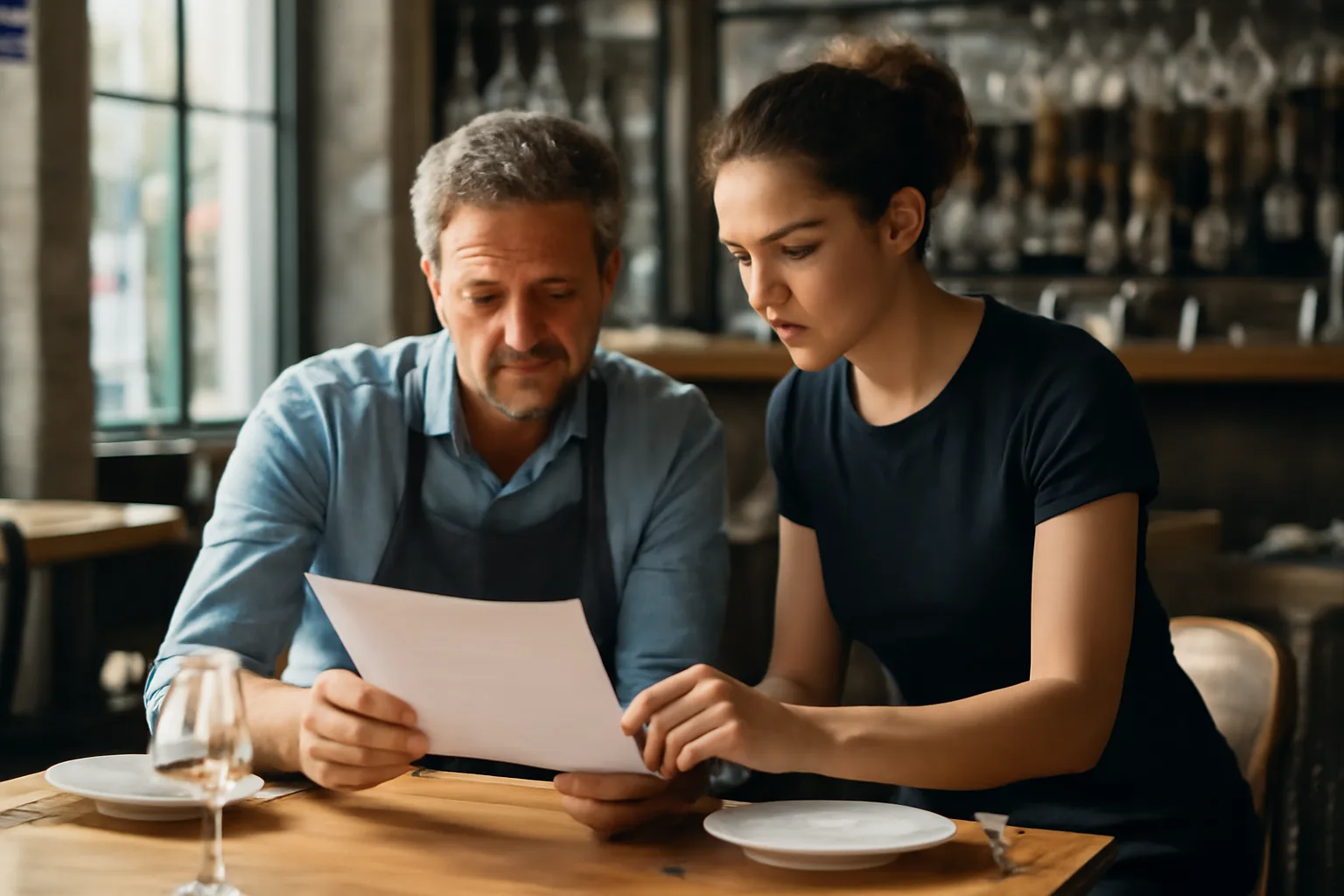 Restaurant owner and staff reviewing documents near a bar before opening in Washington