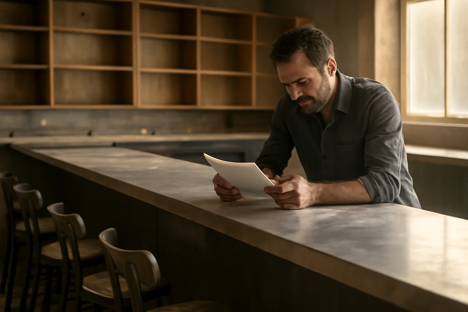 restaurant owner reviewing documents at an unfinished bar during liquor license application process