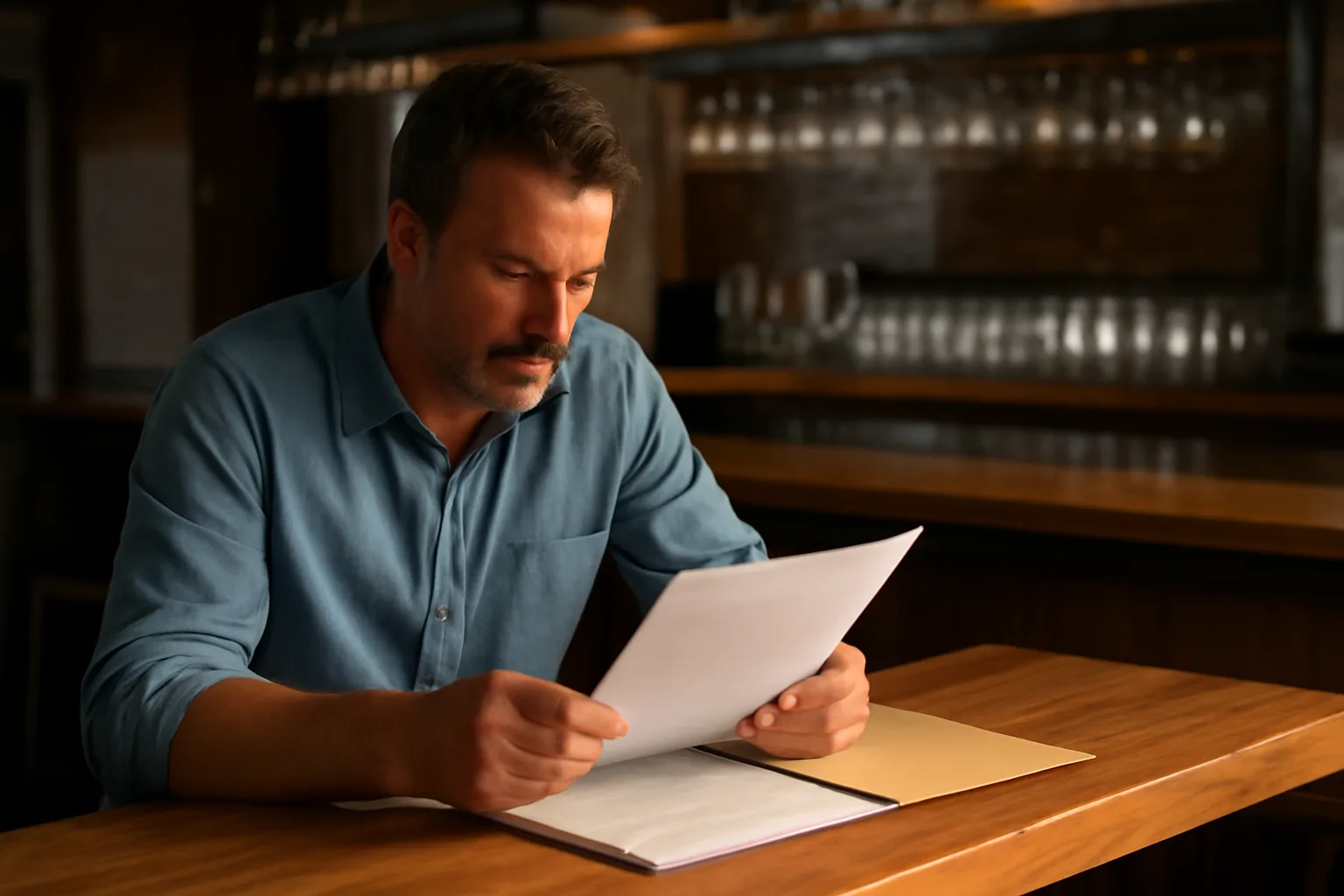 restaurant owner reviewing documents at bar counter while planning how to get a liquor permit